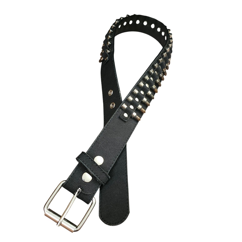 Black Canvas Faux Bullet Studded Belt Silver Buckle Punk Rock Small Moto Goth
